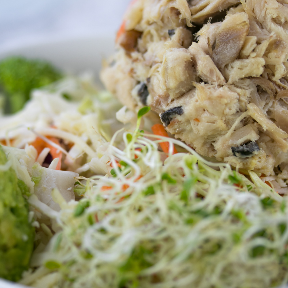 Turkey Salad Salad — a scoop of house turkey salad over the Super Salad with sprouts and carrots